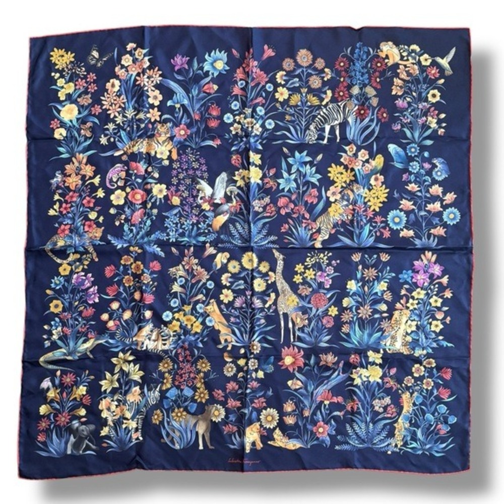 Salvatore Ferragamo NWT Authentic‎ Navy Mughal Jungle Animals Silk Scarf 90cm
